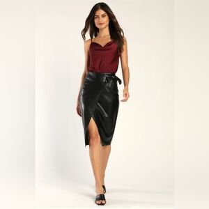 Knot So Shy Black Vegan Leather Front-Knot Wrap Midi Skirt
